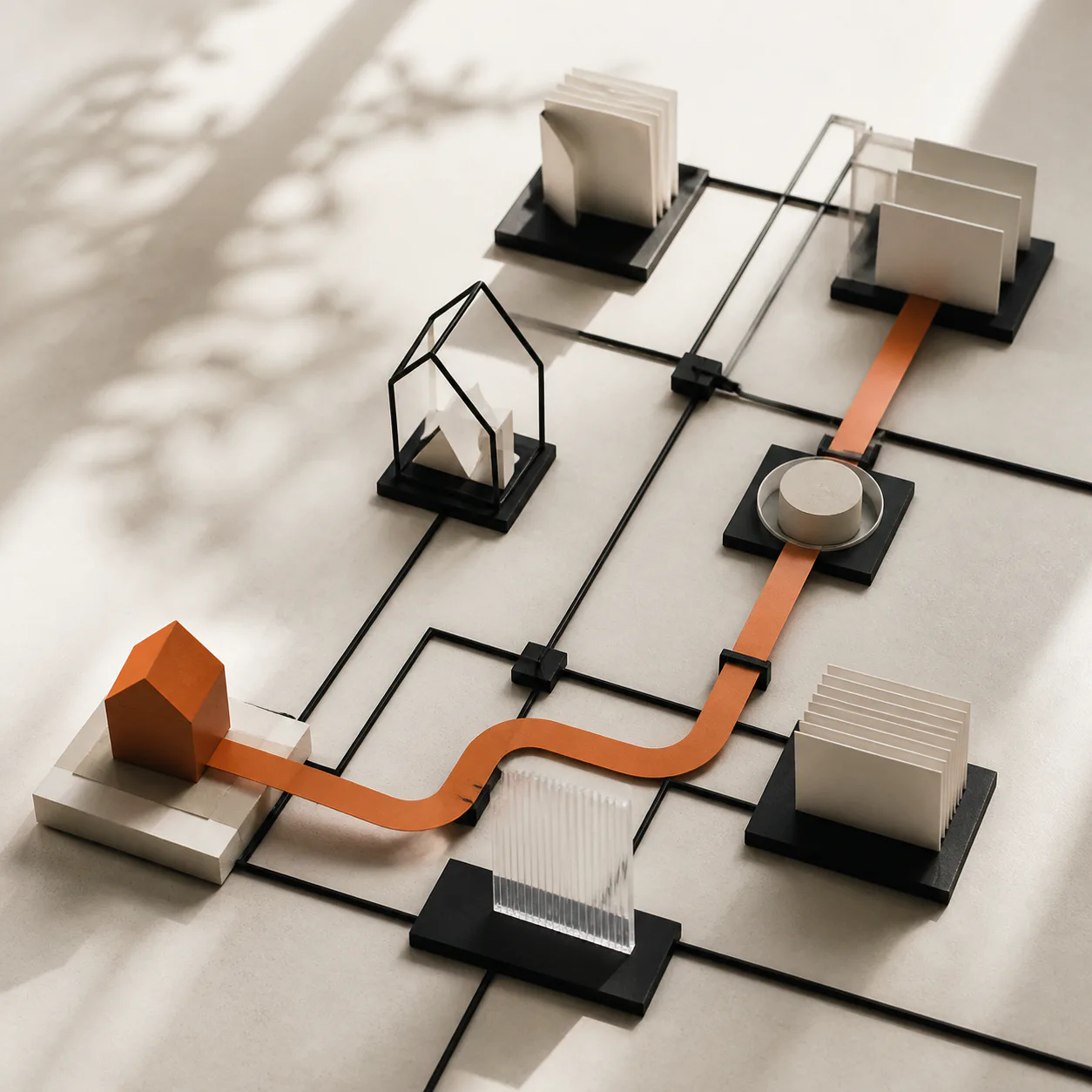 A physical model of connected routes linking several small structures