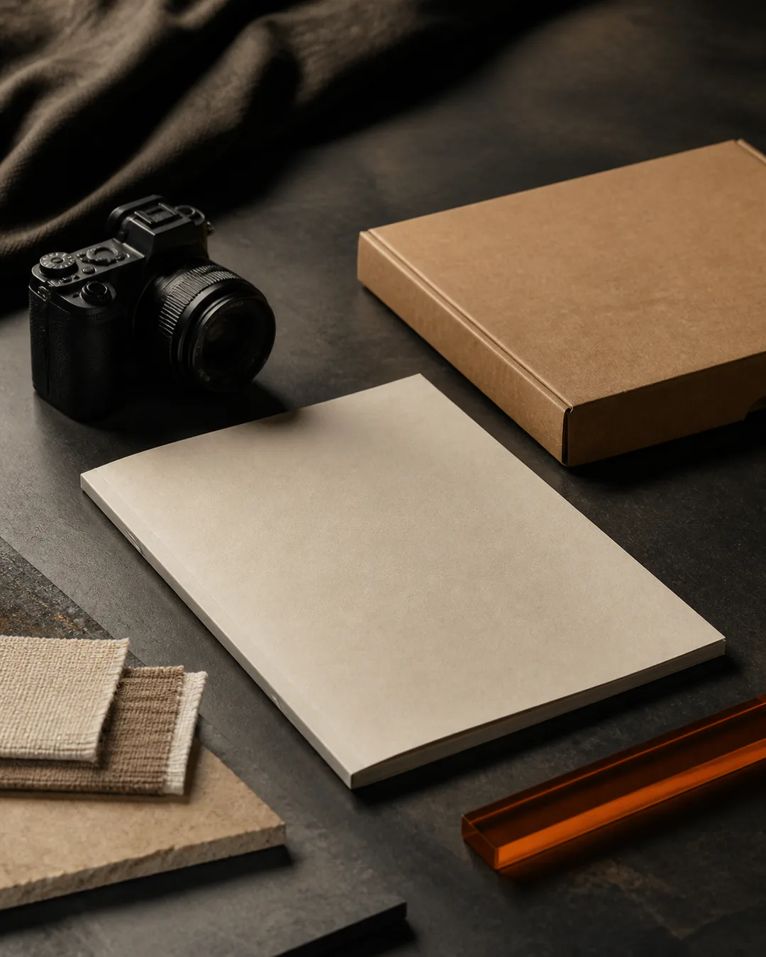 Camera, paper, material samples and product packaging on a dark work surface
